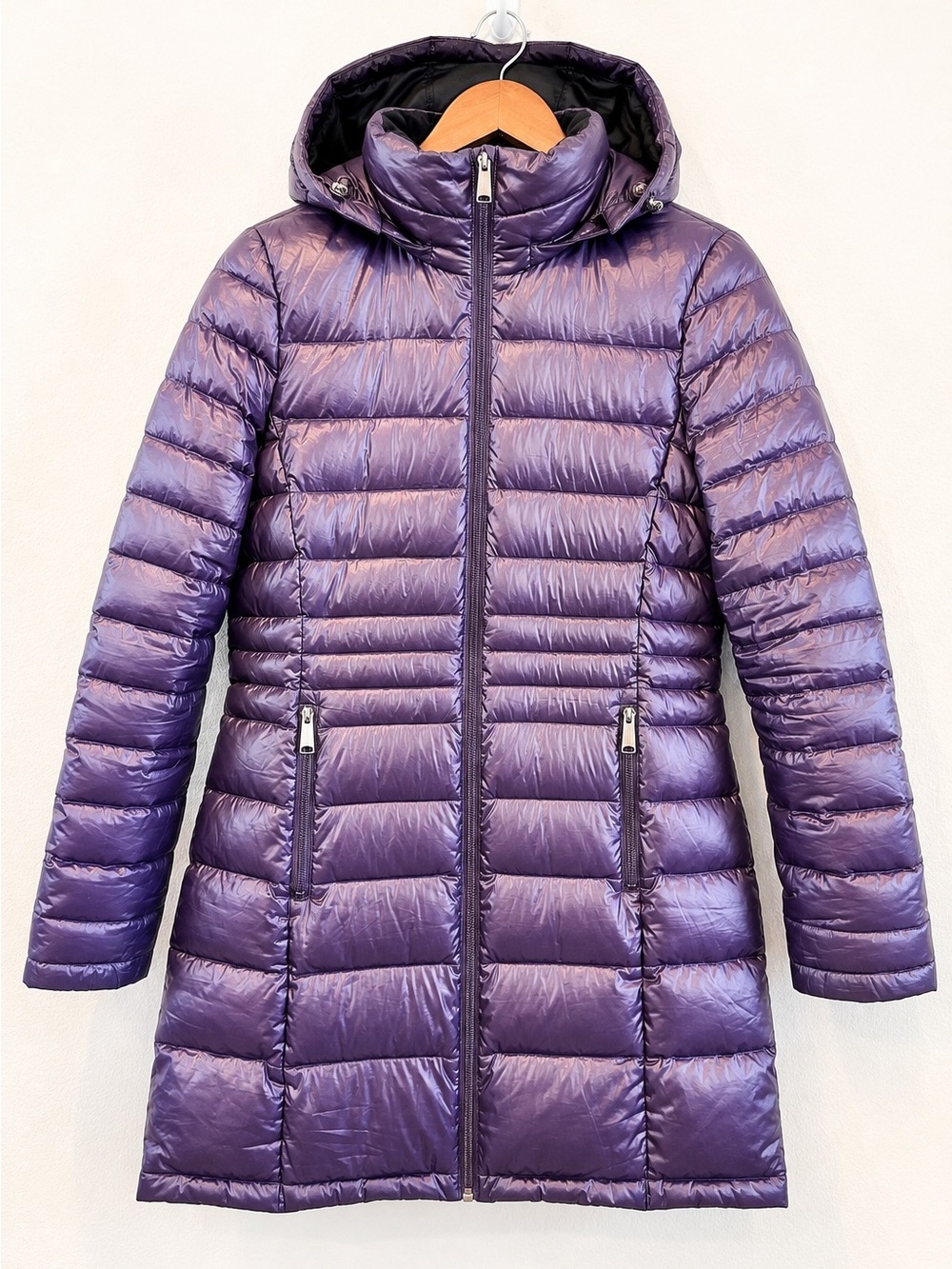Andrew Marc Packable Lightweight Down Puffer Coat Purple Hooded Travel M H82